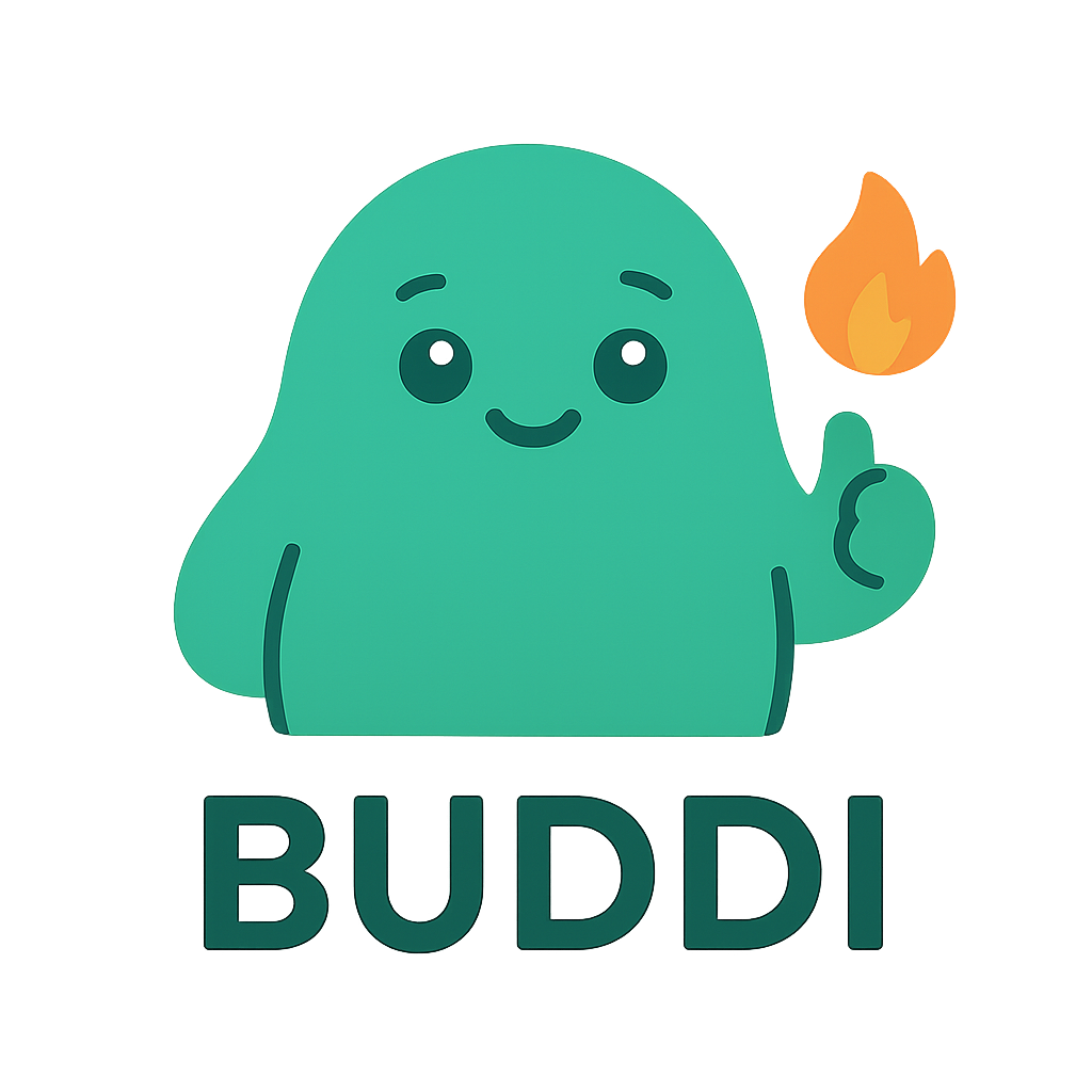 הקמע הידידותי של BUDDI מסמן אגודל למעלה